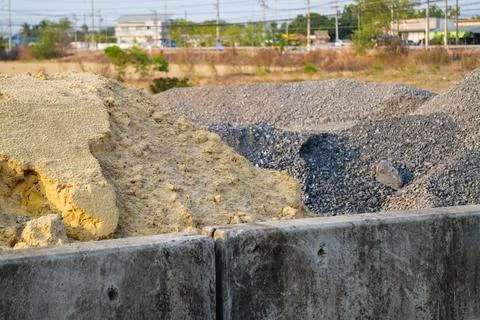 Urban development project ground-level construction materials piled in dayt.. Stock Photos