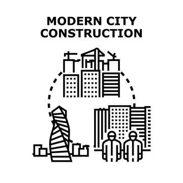 Urban development workers constructing futuristic city architecture Illustrazione stock