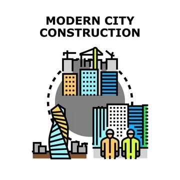 Urban development workers constructing futuristic city architecture Stock Illustration