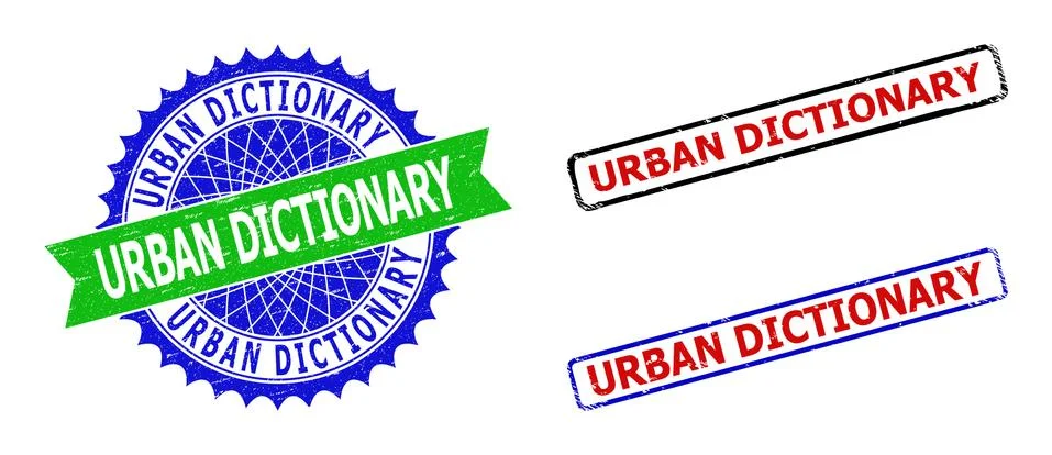 URBAN DICTIONARY Rosette and Rectangle Bicolor Watermarks with Grunge Styles Stock Illustration