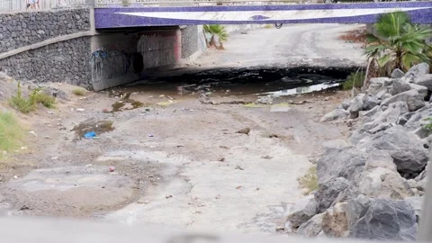 Urban Drainage Under Bridge with Pollution and Trash Stock Footage 315769934