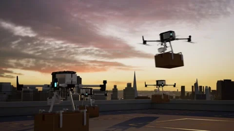 Urban Drone Delivery Fleet Takeoff at Sunset Stock Footage 325636694