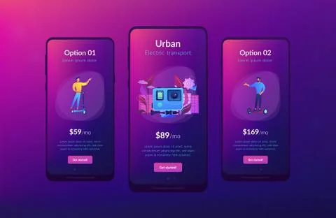 Urban electric transport app interface template. Illustrazione stock