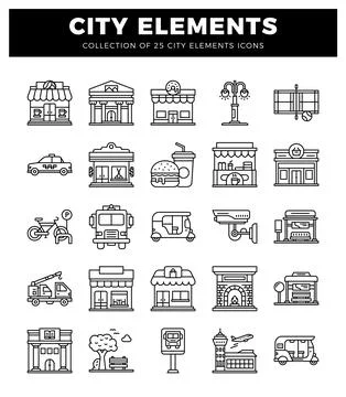 Urban element icons featuring shops. vehicles. and buildings in a clean. mo.. Stock Illustration