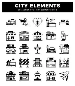 Urban element icons featuring vehicles. buildings. and services Stock Illustration