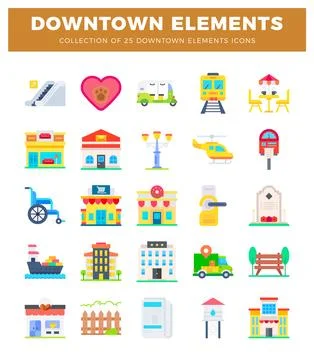Urban element icons. flat design. diverse city icons. transportation. build.. Stock Illustration