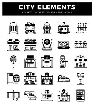 Urban element icons. presented as simple black and white line drawings on a.. Stock Illustration