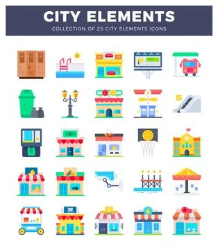 Urban elements icons with clear flat illustrations. Stock Illustration