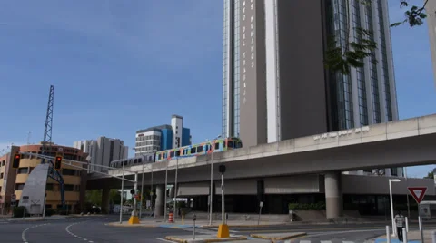 Urban elevated train - train arrives to station Stock Footage 39718496