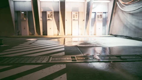 Urban environment with reflective floor and industrial design elements Stock Footage 331418499