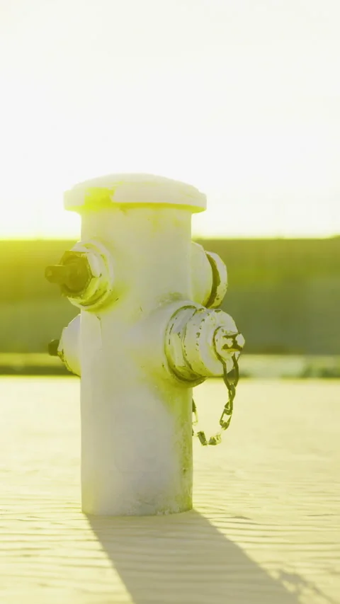 Urban fire hydrant glows in the warm sunlight at sunset near a sandy street Stock Footage 334246364