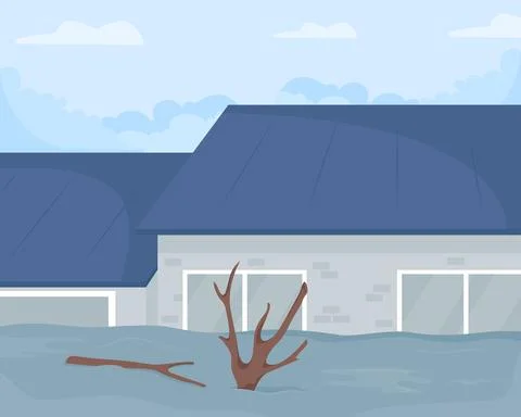 Urban flooding flat color vector illustration Stock Illustration