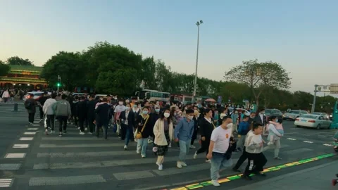 "Urban Flow: A Captivating Crowd Crossing a Busy Road at a Zebra Crossing" Stock Footage 243542195