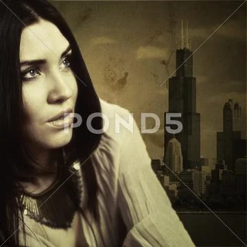 Urban glam. retro 70th female portrait with grunge texture Stock Photos