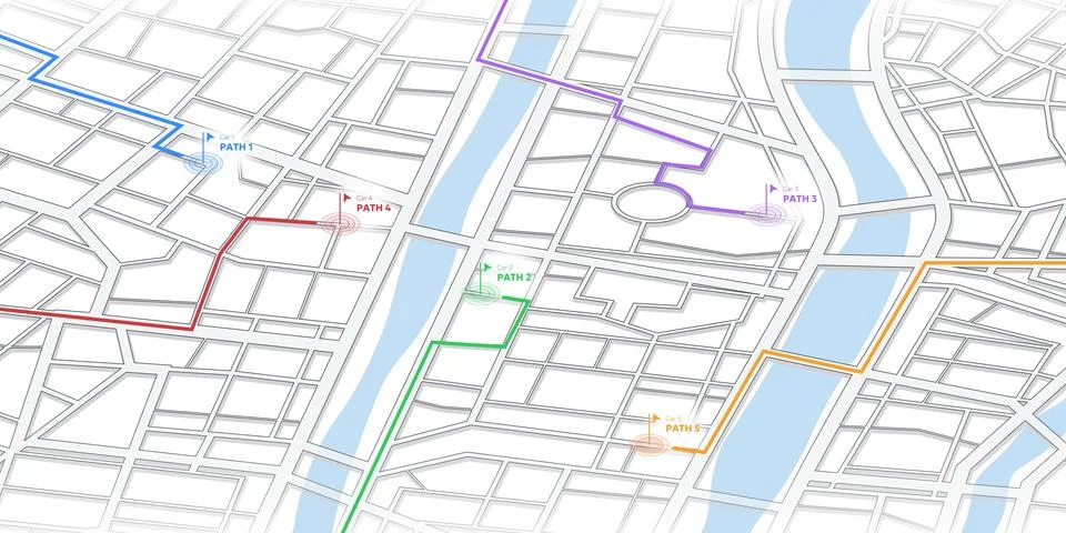 Urban GPS navigation map with multiple vehicle routes. Urban layout with roads Stock Illustration