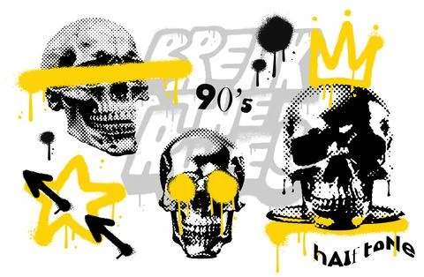 Urban Graffiti Art elements set with grungy halftone skulls Streetwear print and Stock Illustration