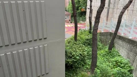 Urban Greenery Framing Hilly School Zone Street and Apartment Wall Video stock 342410438