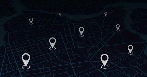 Urban grid in perspective with multiple white location markers. Vector Stock Illustration