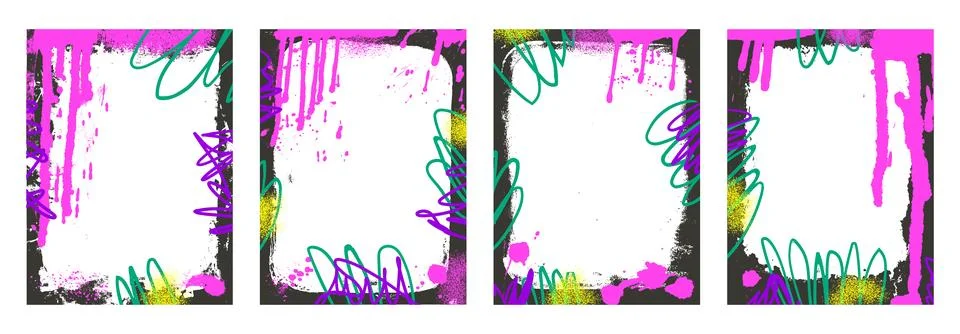 Urban grunge background frames set. Border graffiti templates with airbrush Stock Illustration