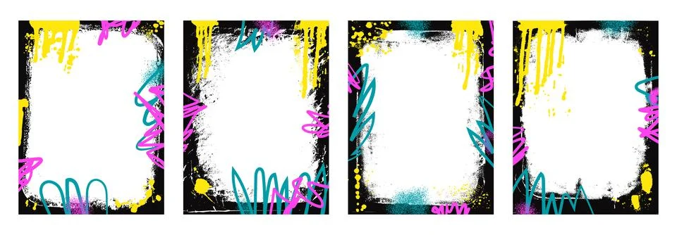 Urban grunge spray background frames set. Graffiti templates with airbrush .. Stock Illustration