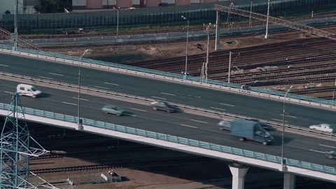 Urban highway over the railroad. 4K. Stock Footage