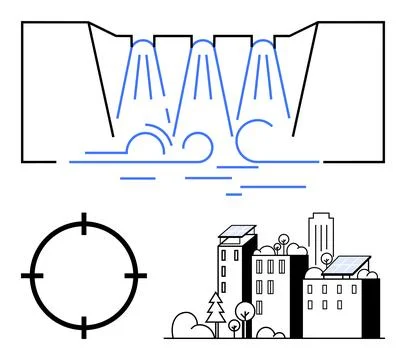Urban Hydropower Generation Depiction with Target Mark and Buildings with S.. Ilustración de archivo