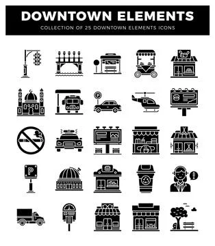 Urban icon set with city elements traffic lights. bridge. bus stop. food ca.. Stock Illustration