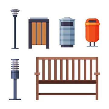 Urban Infrastructure Design Element Set, Lamppost, Trash Bins, Wooden Fence Flat Stock Illustration