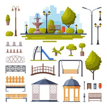 Urban Infrastructure Design Elements Collection, City Public Park Objects Flat Ilustración de archivo