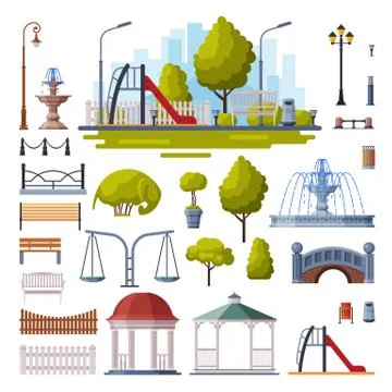 Urban Infrastructure Design Elements Collection, City Park Objects Flat Style Ilustración de archivo