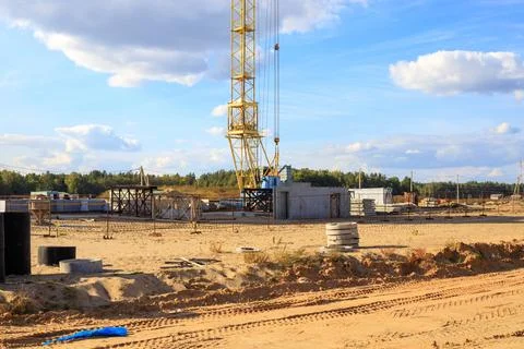 Urban Infrastructure Development Project on Sandy Construction Site 스톡 사진