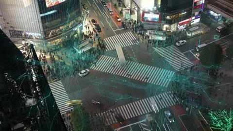 Urban Intersection at Night with Digital Overlay Stock Footage 315975218