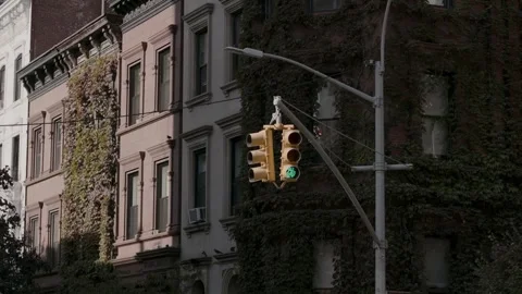 An urban intersection showcasing a vibrant green traffic light amidst busy city Vídeo Stock 291431825