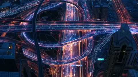 Urban Junction Overpass Information Flow During Night Virtual Reality Ai 5g Stock Footage 131346952