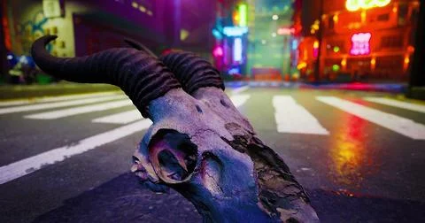 Urban landscape featuring a ram skull on a neon lit street at night Stock Illustration
