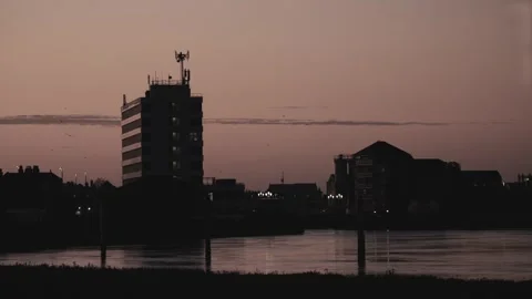Urban landscape setting with birds flying at sunrise, sunset scene Stock-Footage 289083082