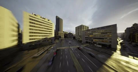 Urban landscape at sunset with low light reflecting on buildings Ilustración de archivo