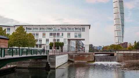 Urban Landscape Timelapse of Modern Malmo with Canal View Stock Footage 308199658