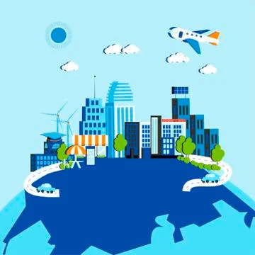 Urban landscape vector illustration in flat style. Modern city buildings Stock Illustration