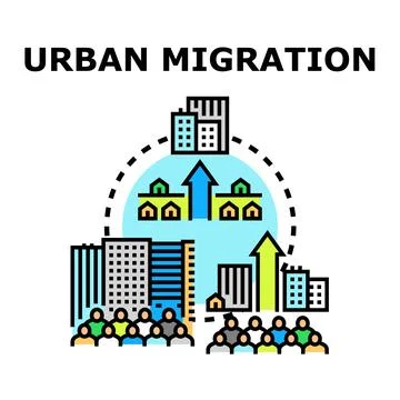 Urban migration moving people between city areas concept Ilustração Stock