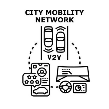 Urban mobility network seamlessly integrating vehicle to vehicle communicatio Stock Illustration