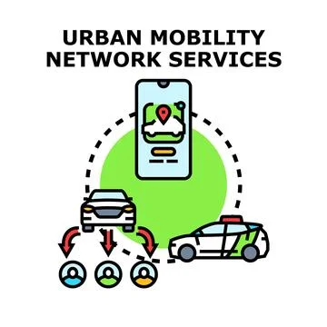 Urban mobility network services connecting passengers and drivers Stock Illustration