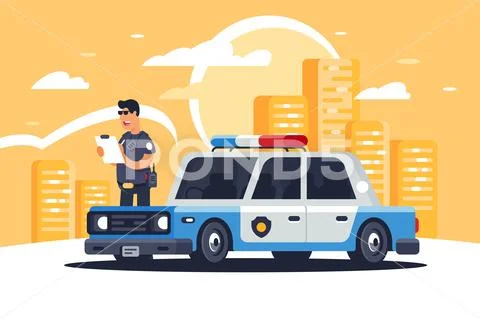 Urban modern sedan police car with policeman for protection of people on Stock Illustration