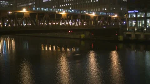 Urban Night River Bridge with elevated train part II Stockbeeldmateriaal 10843516