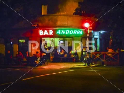 Urban Night Scene at Bar, Montevideo, Uruguay Stock Photos