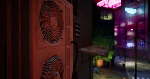 Urban nighttime view featuring air conditioning unit near neon lights Ilustración de archivo