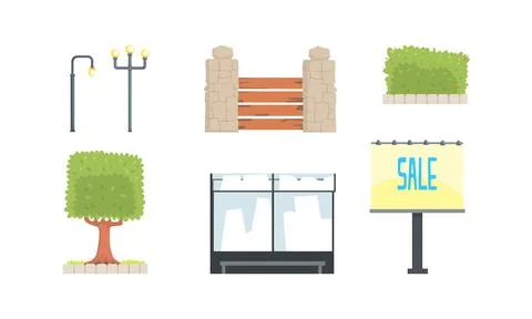 Urban Park Decor Elements Set, City Outdoor Design for Landscape Construction Ilustración de archivo