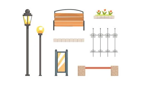 Urban Park Decor Elements Set, City Landscape Construction Design Cartoon Vector Illustrazione stock