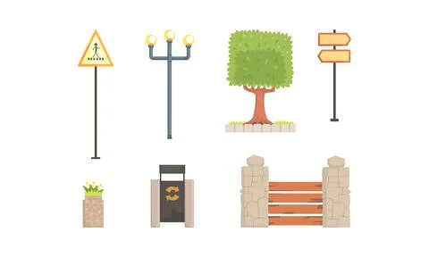 Urban Park Decor Elements Set, City Landscape Construction Design, Lamppost Ilustración de archivo