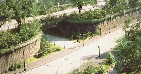 Urban park path with lush greenery and stone archway in a vibrant city settin Stock Illustration